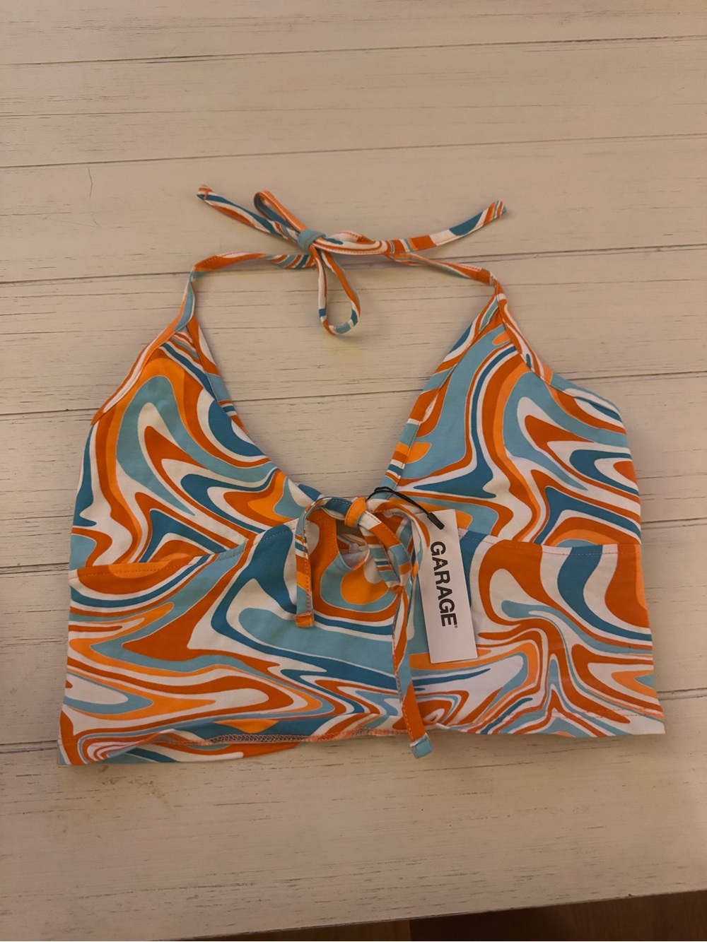 Garage Orange & Blue Swirl Halter Tie-Front Crop Top